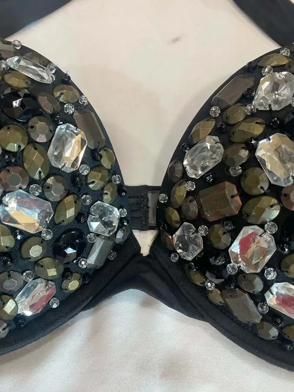 Victoria's Secret Black Rhinestone Jeweled Halter Bikini Top Size 36B
